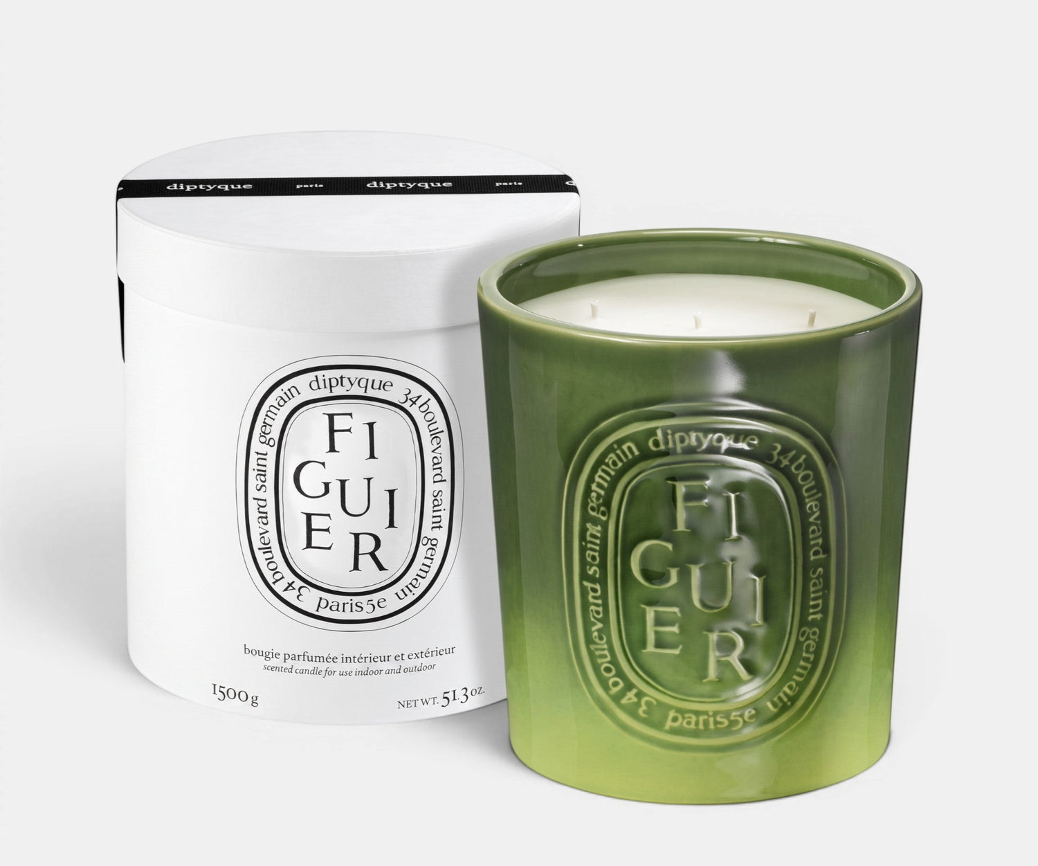 Shop Rescue Spa Figuier 1500g scented candle in a green handmade earthenware pot with five wicks and white gift box.