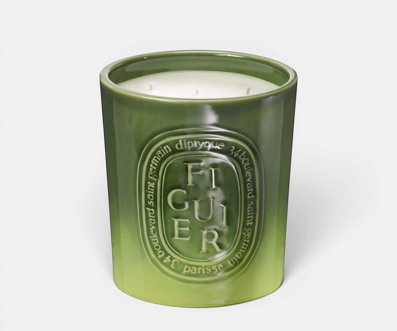 Shop Rescue Spa Figuier five-wick candle in a handmade green earthenware pot with embossed oval branding