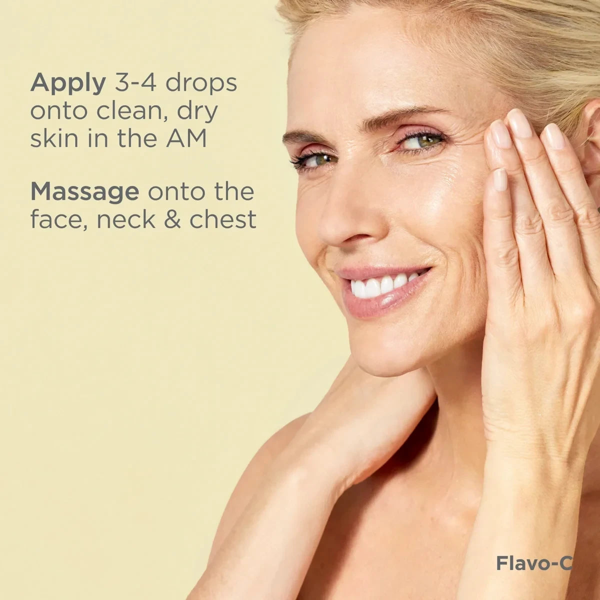 Shop Rescue Spa Flavo-C Serum applied by a smiling woman to her face for radiant and youthful skin