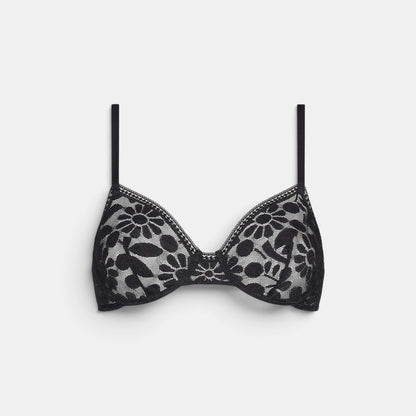 Shop Rescue Spa Fleuris black lace full-cup bra with floral pattern, lined cups, and adjustable shoulder straps.