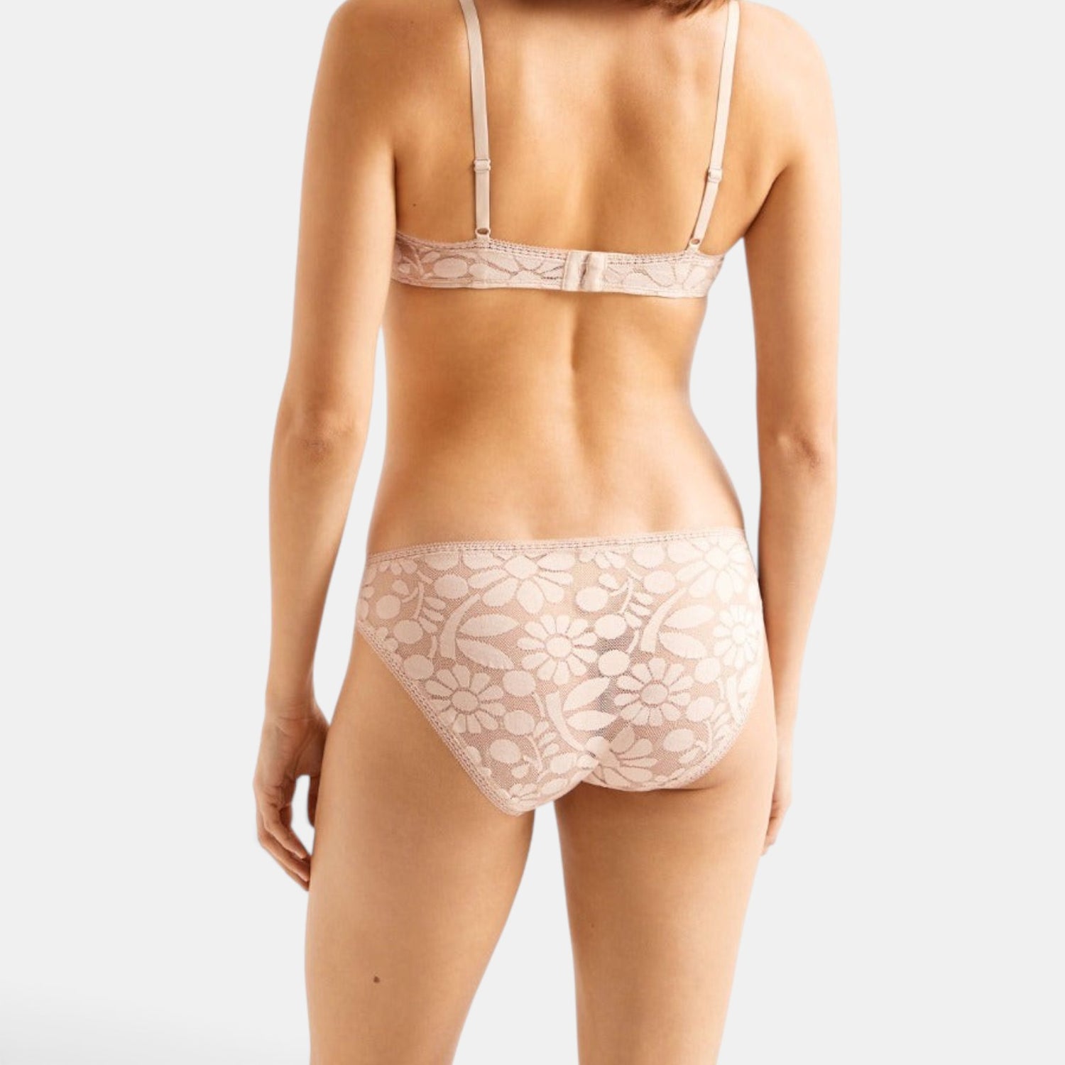Shop Rescue Spa Fleuris full-cup bra and matching floral lace panties in a soft nude tone, back view