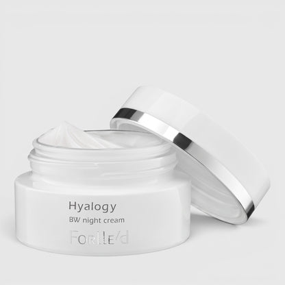 Shop Rescue Spa Forlle’d Hyalogy BW Night Cream in a white jar with a silver-rimmed lid for brightening skin tone.