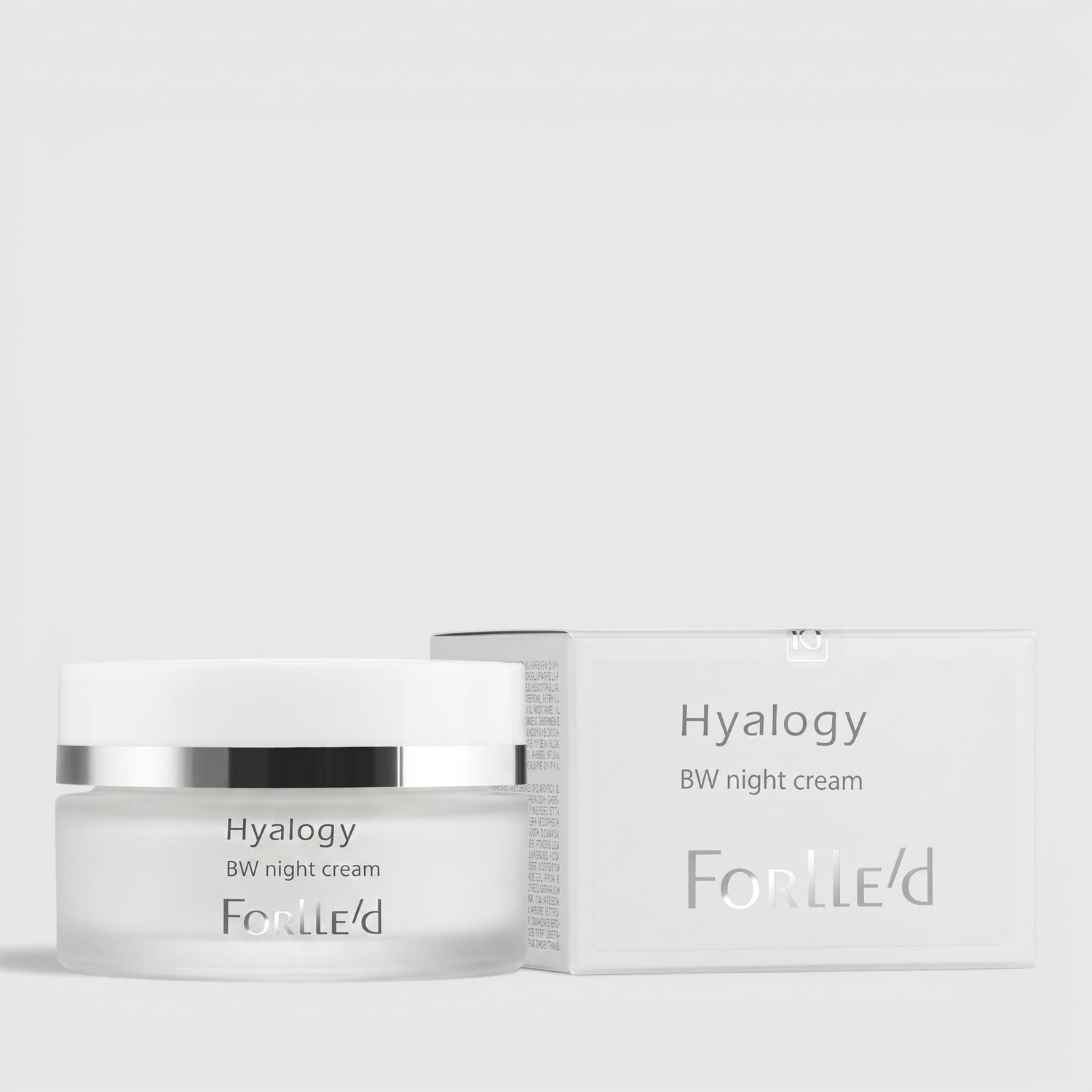 Shop Rescue Spa Forlle’d Hyalogy BW Night Cream brightening face moisturizer in a frosted glass jar with white box.