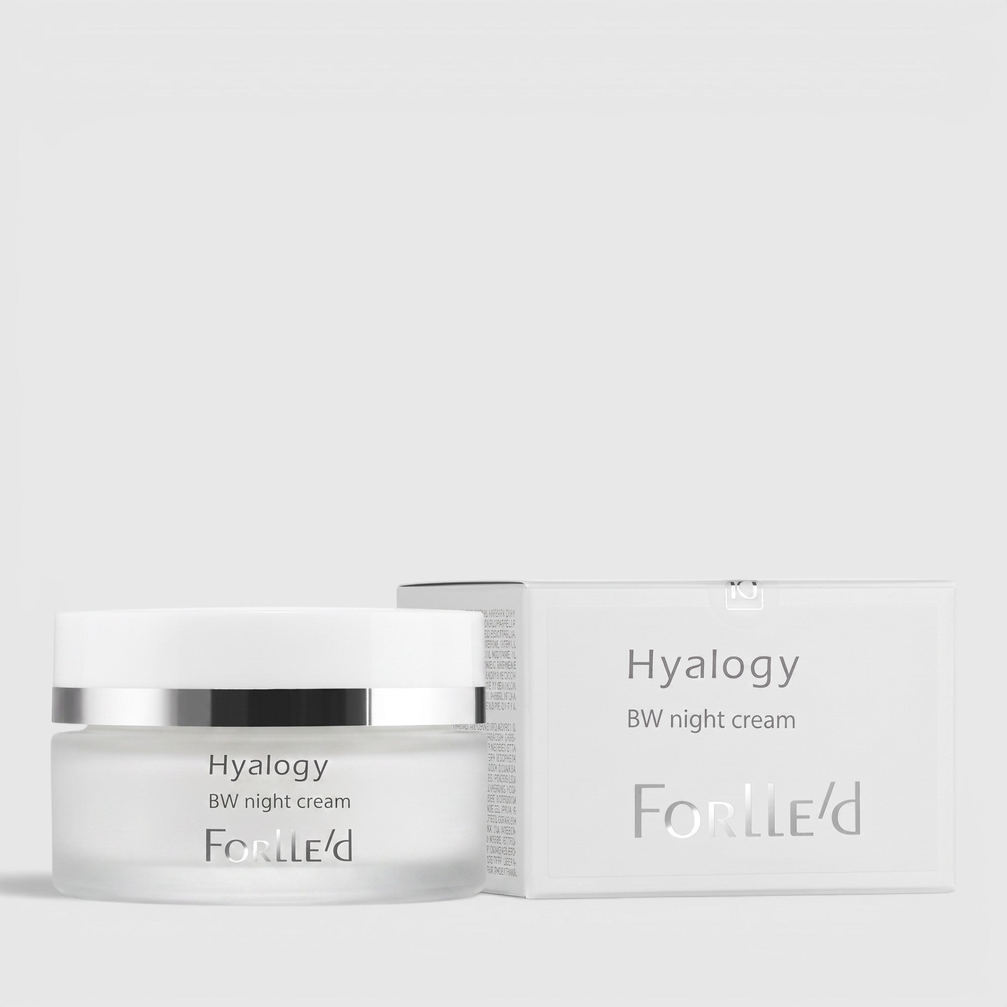 Shop Rescue Spa Forlle’d Hyalogy BW Night Cream brightening face moisturizer in a frosted glass jar with white box.