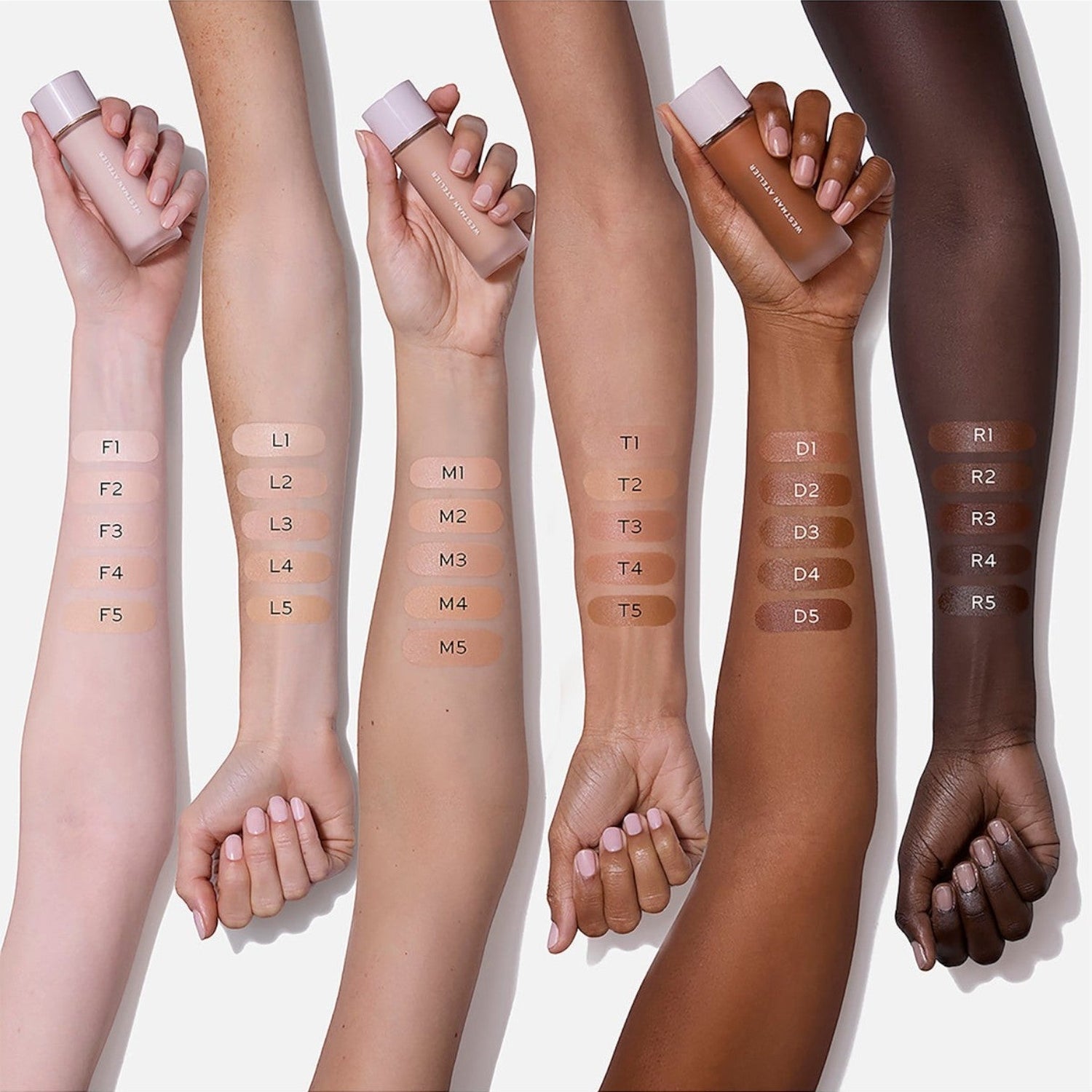 Shop Rescue Spa Supreme Bio-Complex Foundation shade range swatches on various skin tones with glass bottles