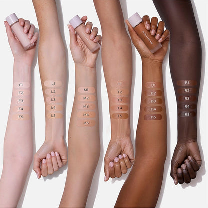 Shop Rescue Spa Supreme Bio-Complex Foundation shade range swatches on various skin tones with glass bottles