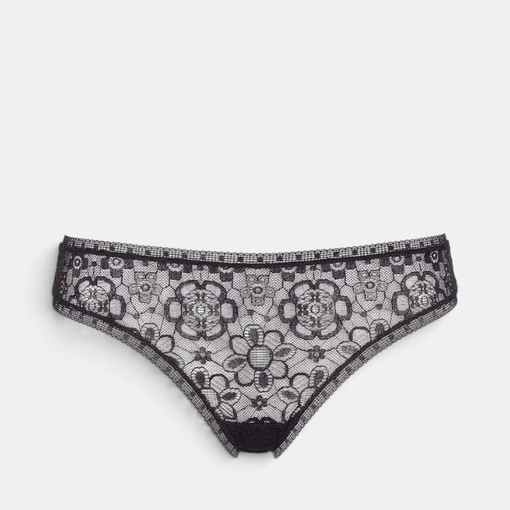 Shop Rescue Spa Frivole black floral lace tanga with detailed trim on the waistband and thighs