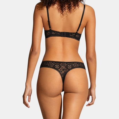 Shop Rescue Spa Frivole black lace tanga panty with matching bra, viewed from the back on a model.