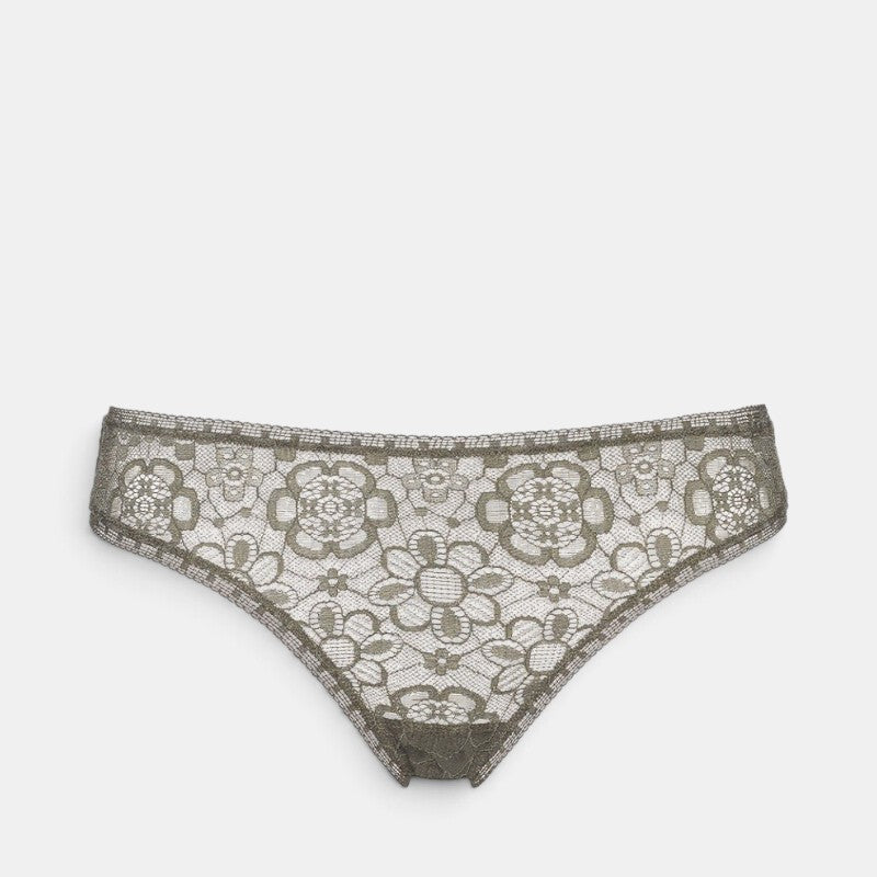 Shop Rescue Spa FRIVOLE olive green floral lace tanga with delicate trim on the waistband and thighs.