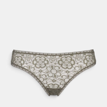 Shop Rescue Spa FRIVOLE olive green floral lace tanga with delicate trim on the waistband and thighs.