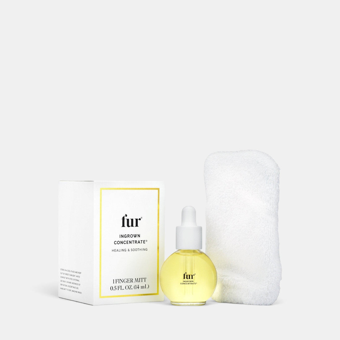 Shop Rescue Spa Fur Ingrown Concentrate oil bottle with dropper and white exfoliating finger mitt in packaging