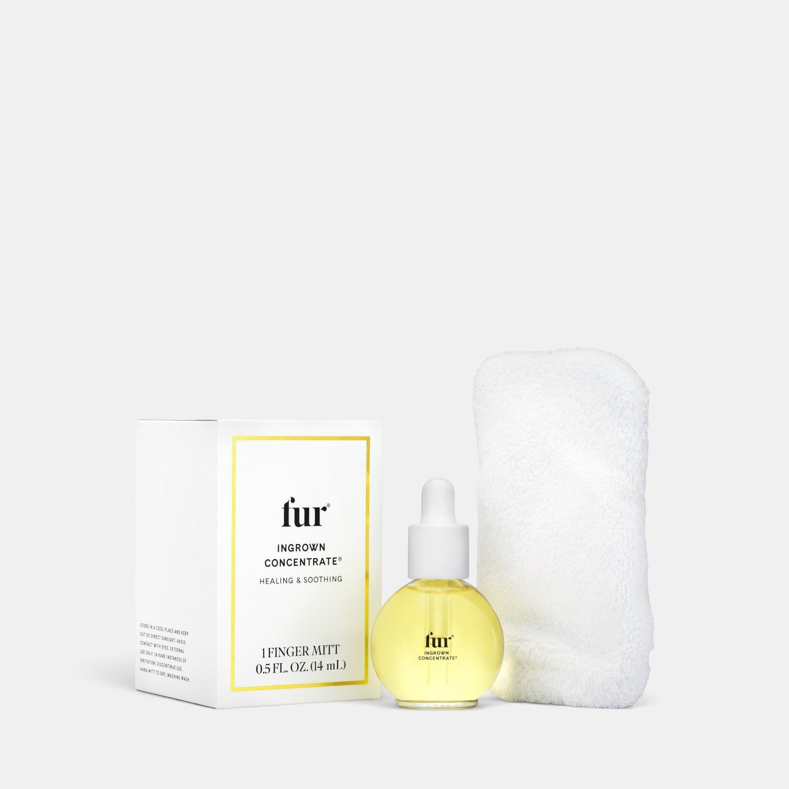 Shop Rescue Spa Fur Ingrown Concentrate oil bottle with dropper and white exfoliating finger mitt in packaging