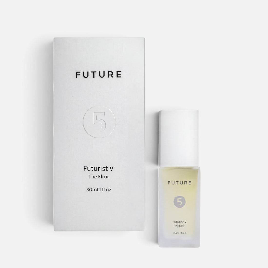 Shop Rescue Spa Futurist V The Elixir serum bottle and white minimalist packaging box on a clean white background.