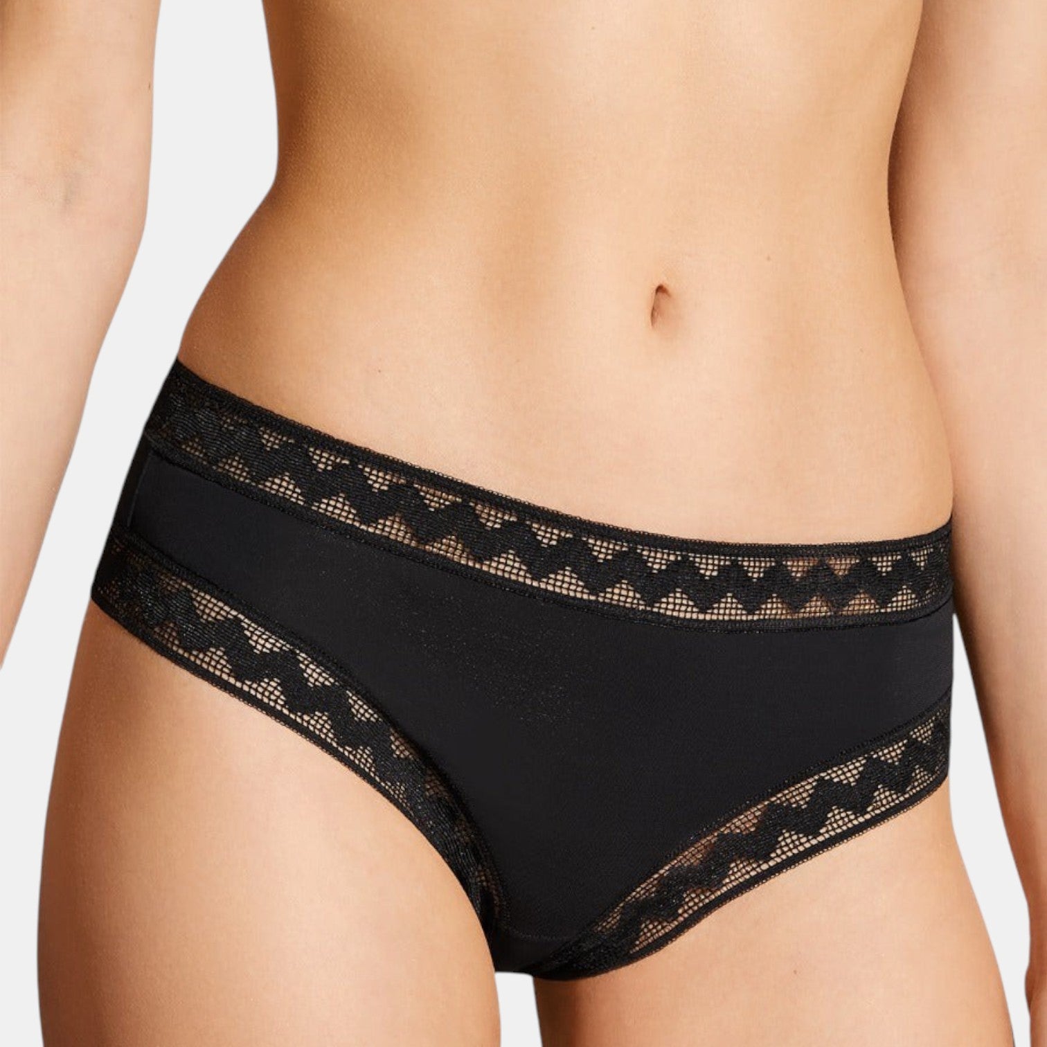 Shop Rescue Spa Gabby black jersey tanga brief with decorative lace trim on the waistband and leg openings