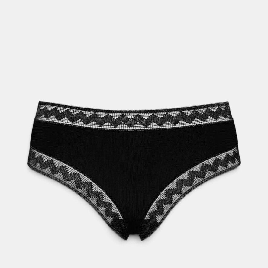 Shop Rescue Spa Gabby black jersey tanga briefs featuring decorative zigzag trim on the waistband and leg openings.