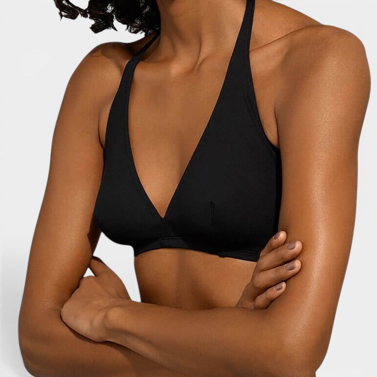 Shop Rescue Spa Gang Noir black full-cup triangle bikini top with halter tie spaghetti straps and bust darts