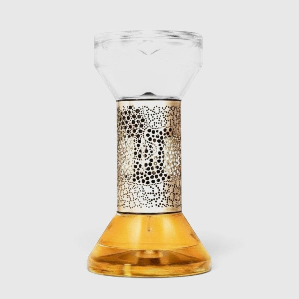 Shop Rescue Spa diptyque Gingembre hourglass diffuser with gold filigree metal and amber ginger fragrance oil.