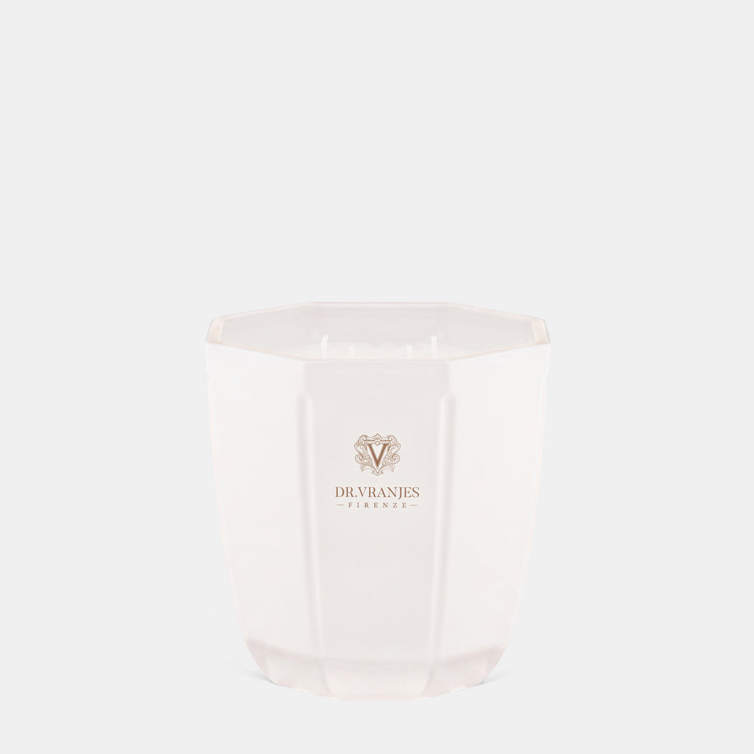 Shop Rescue Spa Ginger Lime scented candle in a white pearl-finish hexagonal glass vessel with Dr. Vranjes logo.