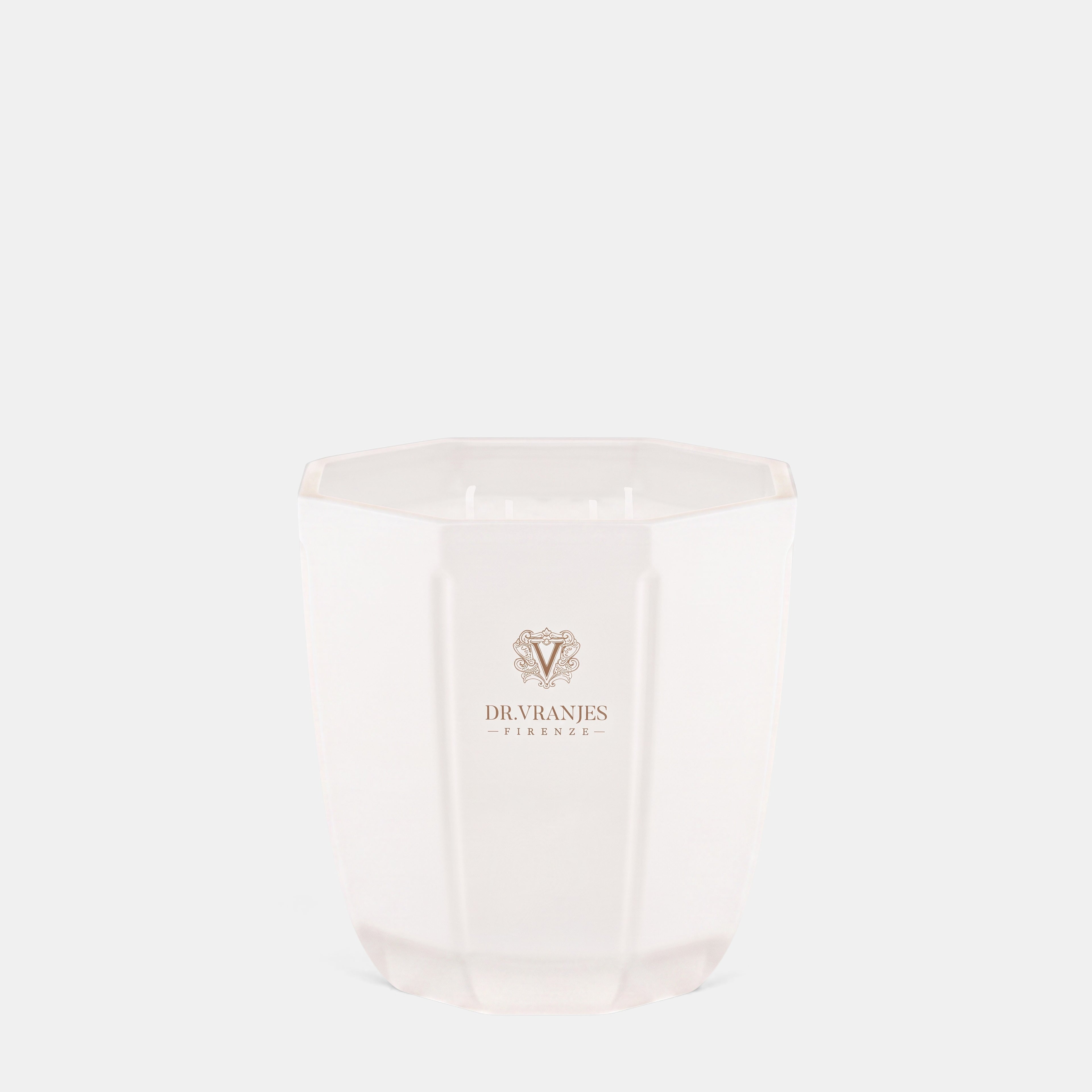 Shop Rescue Spa Ginger Lime scented candle in a white pearl-finish hexagonal glass vessel with Dr. Vranjes logo.