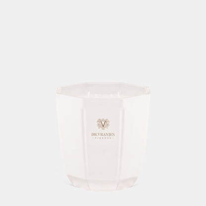 Shop Rescue Spa Ginger Lime scented candle in a white pearl-finish hexagonal glass vessel with Dr. Vranjes logo.