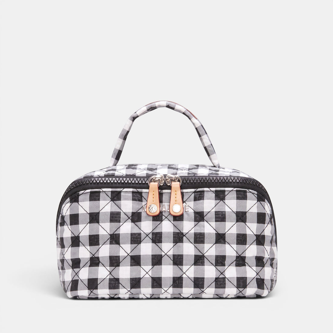 Shop Rescue Spa black and white gingham accordion cosmetic bag with top handle, leather trim, and silver hardware.