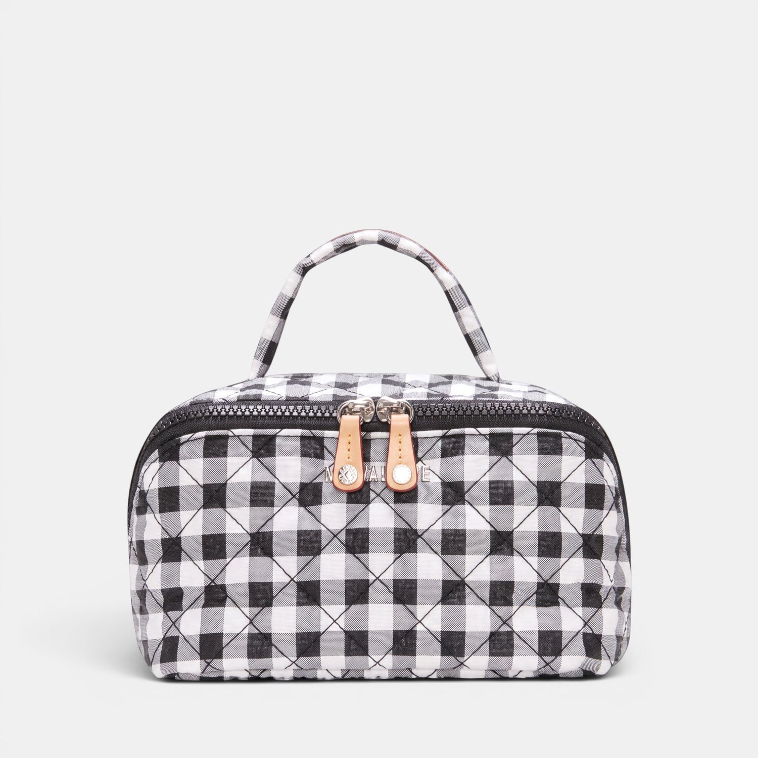 Shop Rescue Spa black and white gingham accordion cosmetic bag with top handle, leather trim, and silver hardware.
