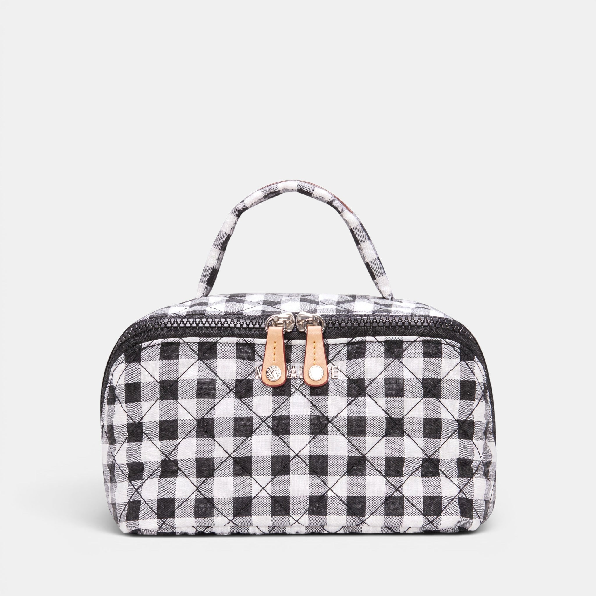 Shop Rescue Spa black and white gingham accordion cosmetic bag with top handle, leather trim, and silver hardware.