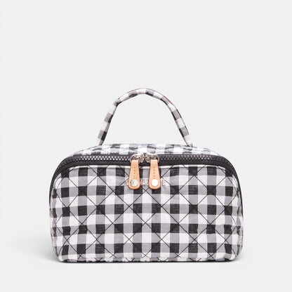 Shop Rescue Spa black and white gingham accordion cosmetic bag with top handle, leather trim, and silver hardware.