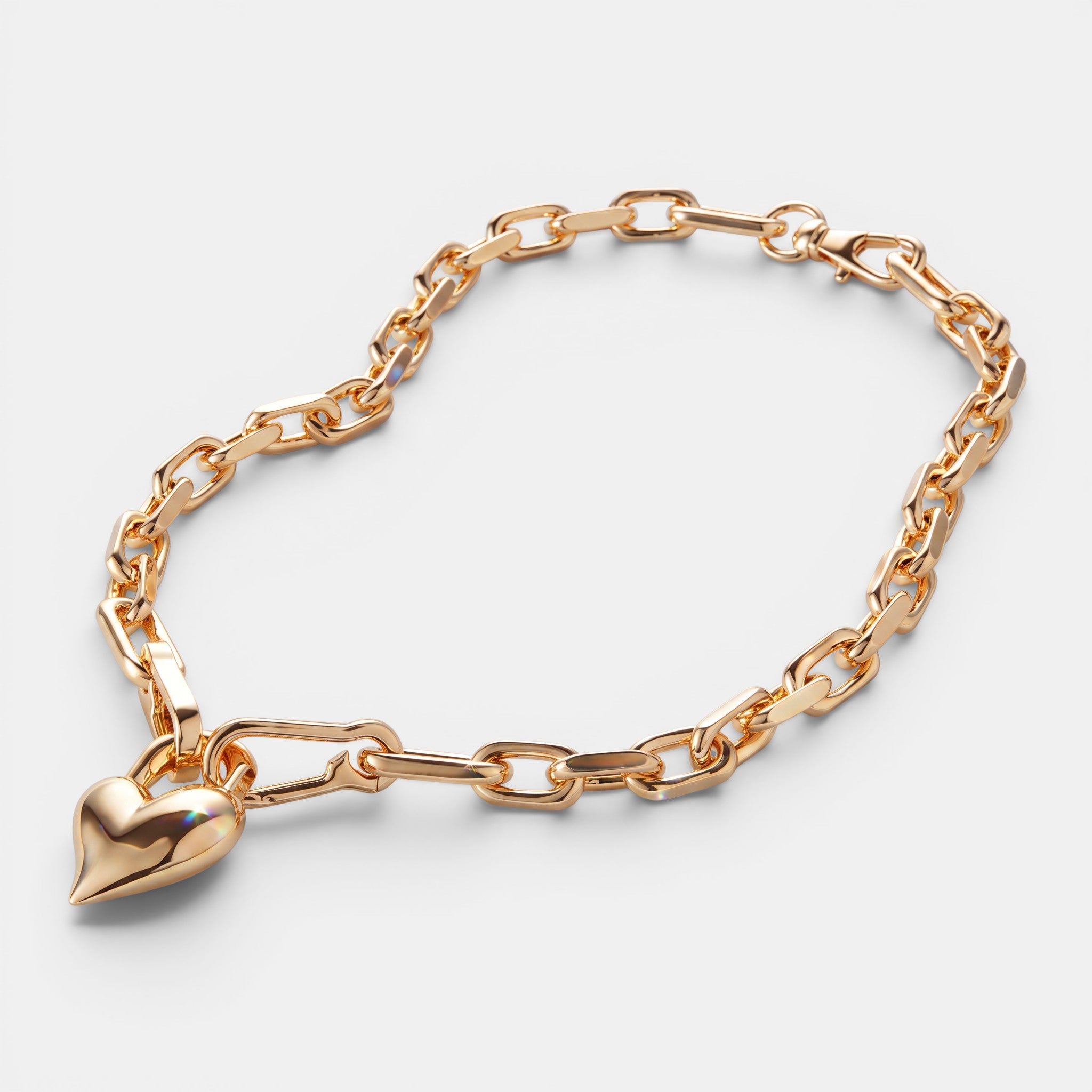 Shop Rescue Spa gold padlock heart pendant necklace with faceted chain links on a light grey background.