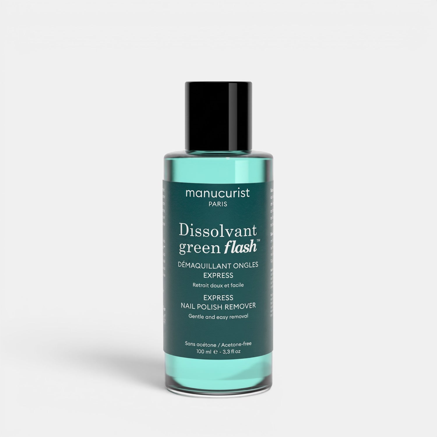 Shop Rescue Spa Green Flash acetone-free nail polish remover in a 100ml bottle with a teal liquid formula.
