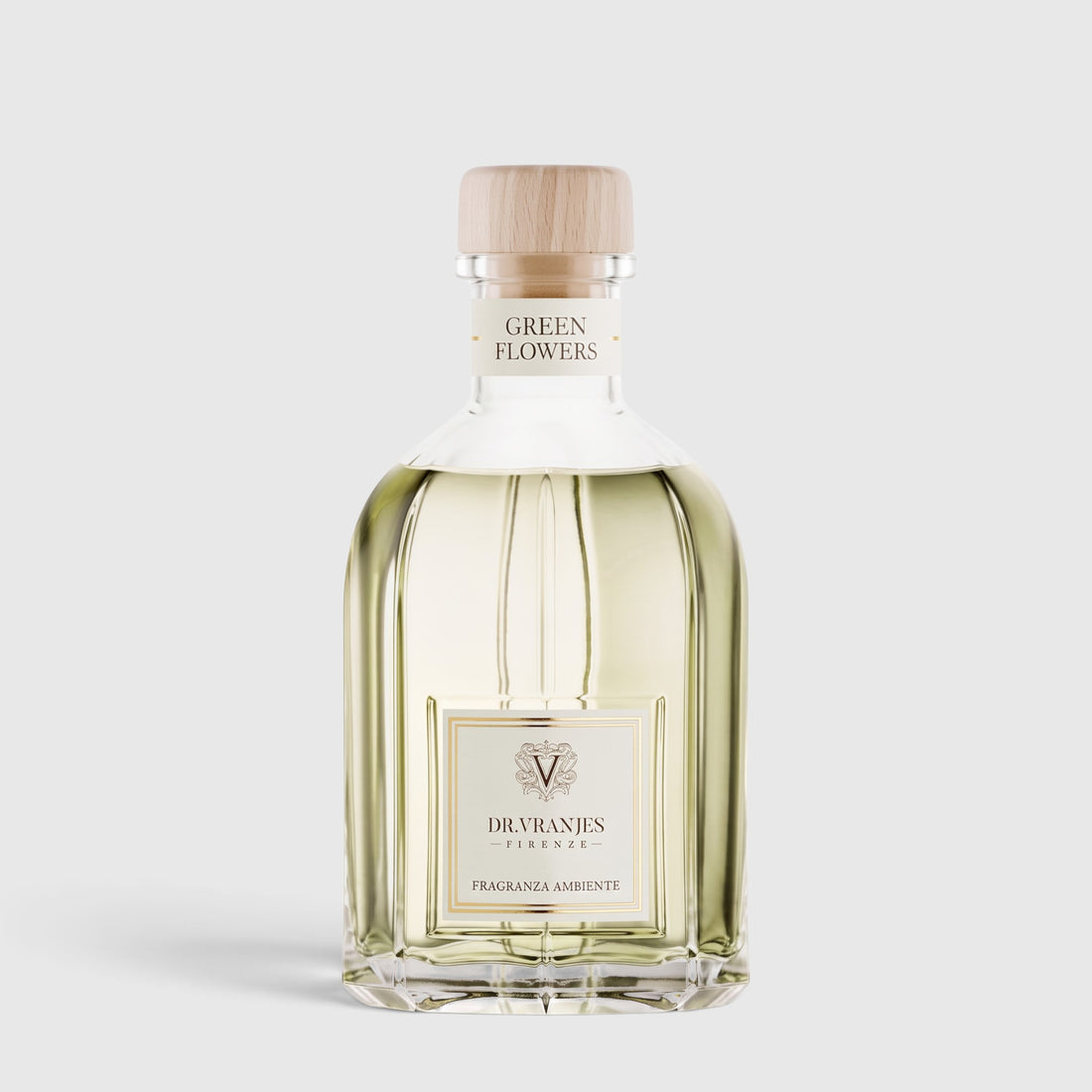 Shop Rescue Spa Green Flowers diffuser in a clear glass bottle with a wooden cap and floral fragrance notes