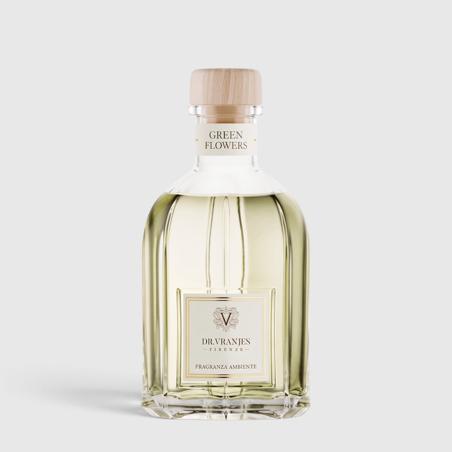 Shop Rescue Spa Green Flowers diffuser in a clear glass bottle with a wooden cap and floral fragrance notes