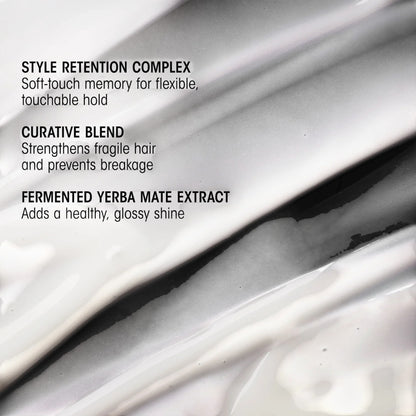 Shop Rescue Spa Hair Alchemy Heatless Styling Balm texture showing smooth white cream with ingredient benefits text