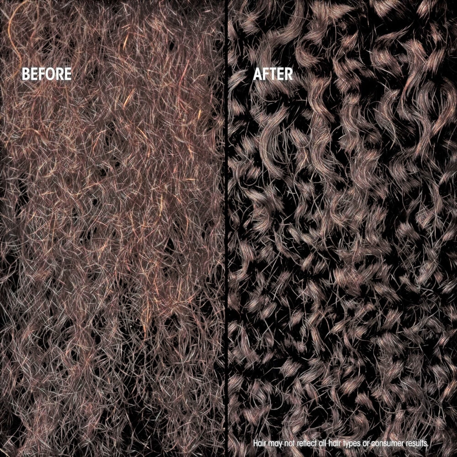 Shop Rescue Spa Hair Alchemy Bond Building Elixir before and after comparison showing smoother, defined hair curls.
