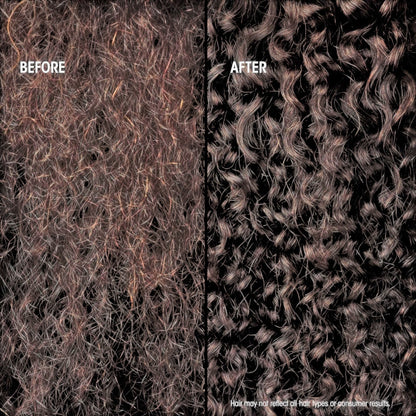 Shop Rescue Spa Hair Alchemy Bond Building Elixir before and after comparison showing smoother, defined hair curls.