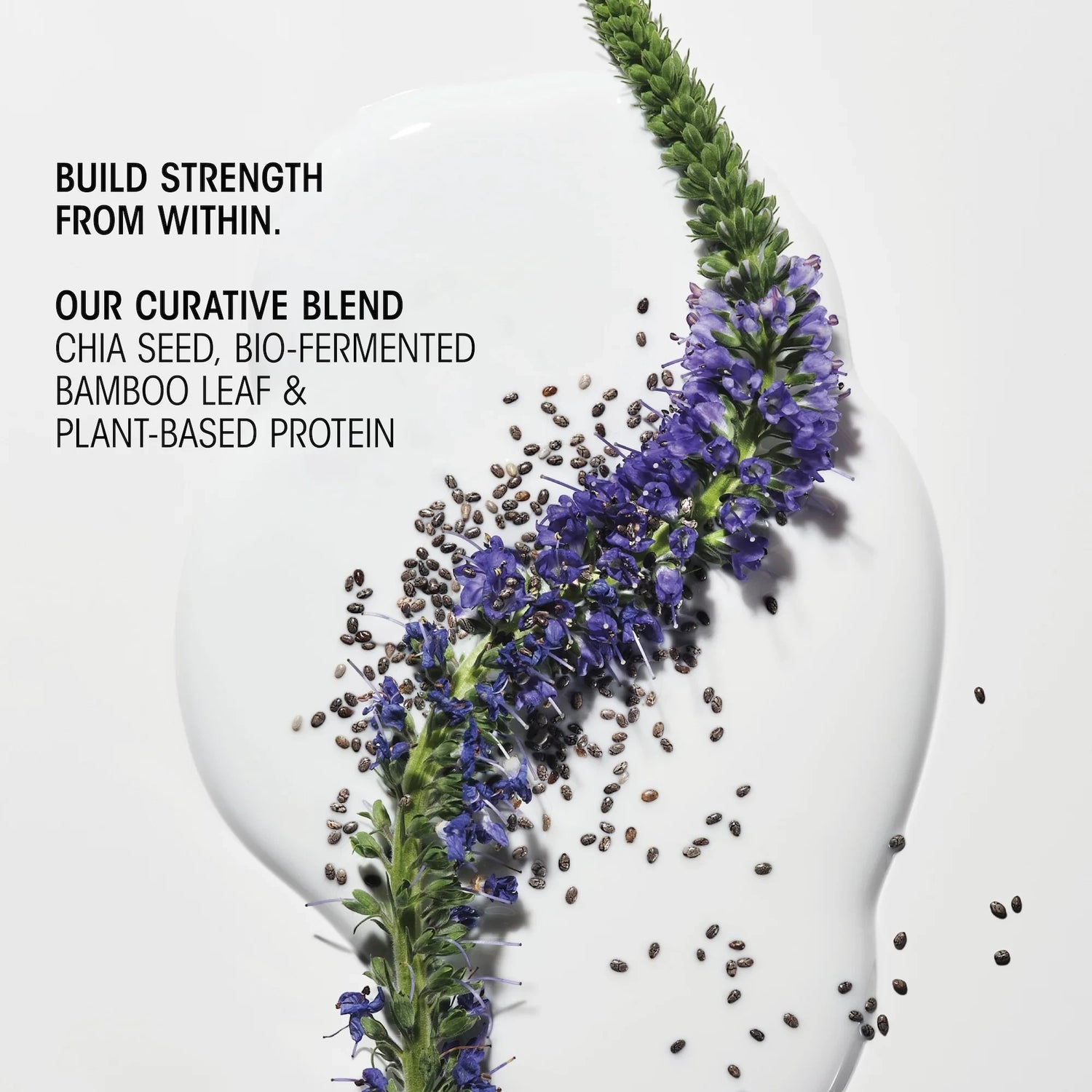 Shop Rescue Spa Hair Alchemy fortifying serum texture with purple flower and chia seeds on a white background