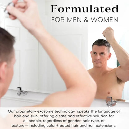 Shop Rescue Spa hair serum being applied by a man in a mirror, promoting hair density and strength for all genders.