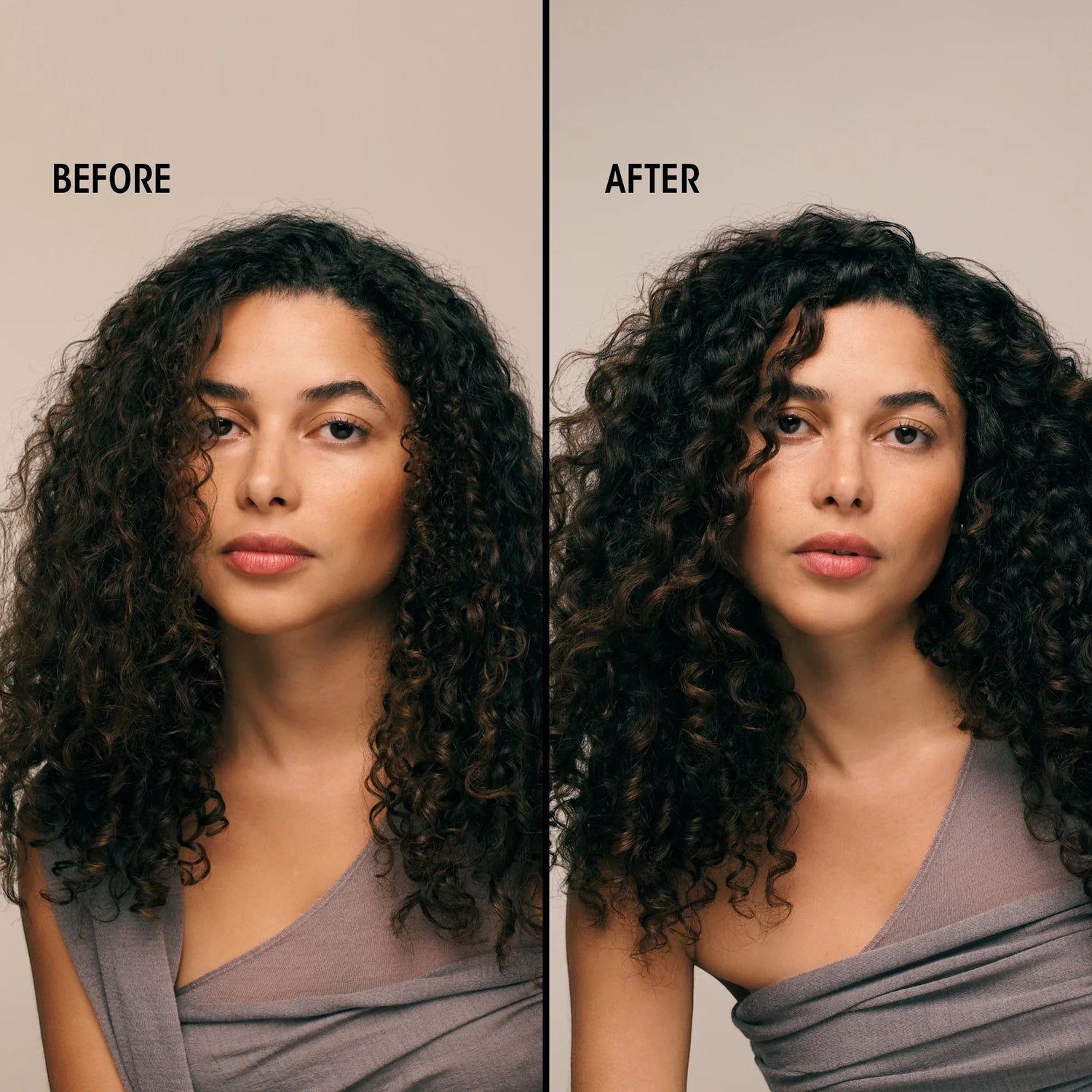 Shop Rescue Spa Apres Beach Wave and Shine Spray before and after results on a woman with voluminous curly hair