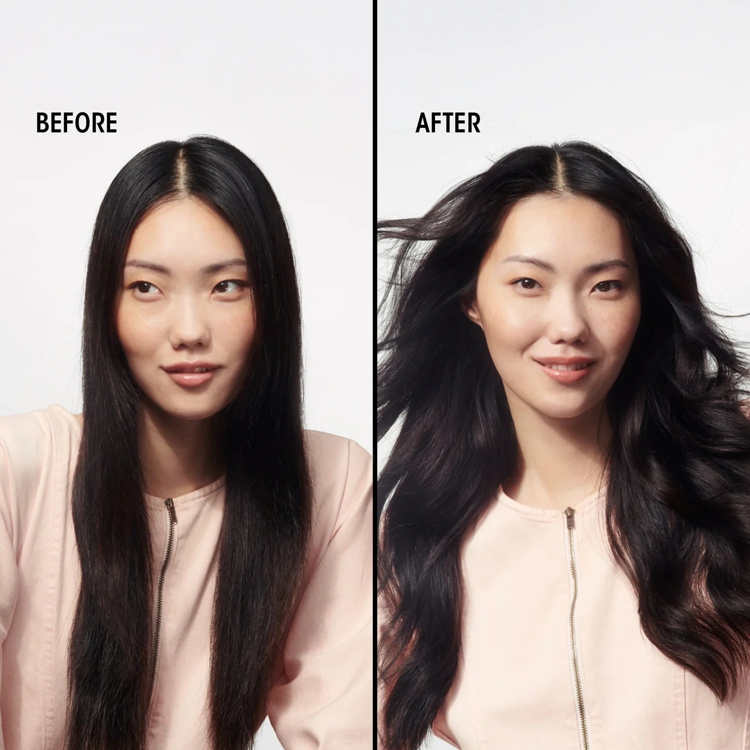 Shop Rescue Spa Creme for Style before and after comparison showing sleek straight hair transformed into voluminous waves