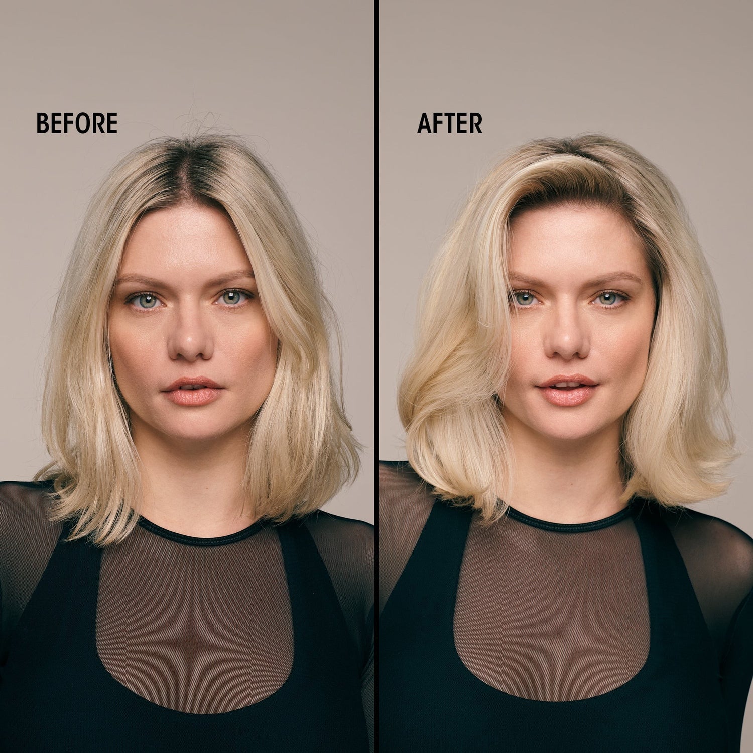 Shop Rescue Spa before and after comparison of blonde hair styled with Imperial Blowout Transformative Styling Creme