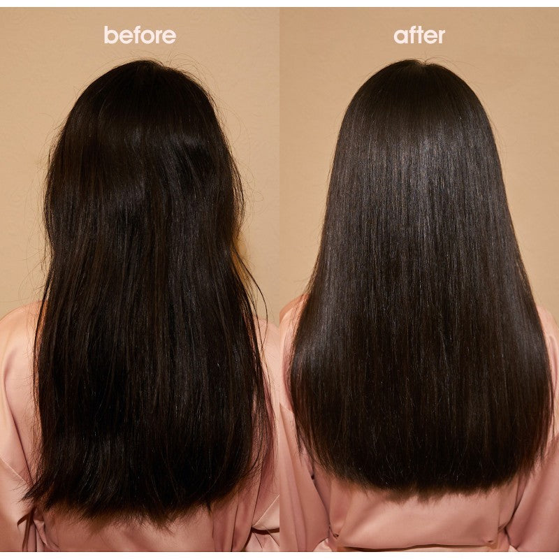 Shop Rescue Spa Black Baccara hair treatment before and after comparison showing smoother, shinier, frizz-free hair.