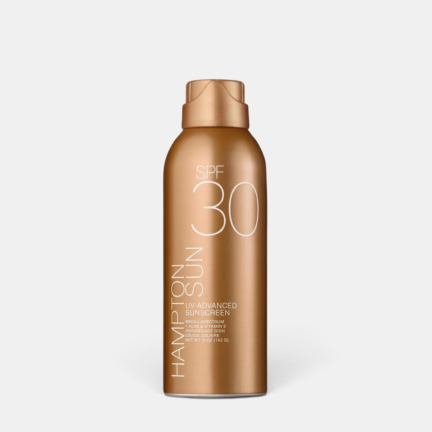 Shop Rescue Spa Hampton Sun SPF 30 UV-Advanced sunscreen mist in a metallic bronze spray bottle.