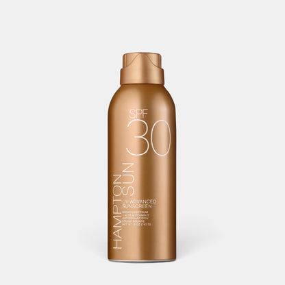 Shop Rescue Spa Hampton Sun SPF 30 UV-Advanced sunscreen mist in a metallic bronze spray bottle.