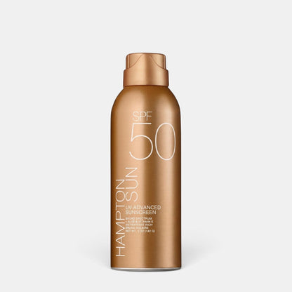 Shop Rescue Spa Hampton Sun SPF 50 UV-Advanced sunscreen mist in a metallic bronze spray bottle.