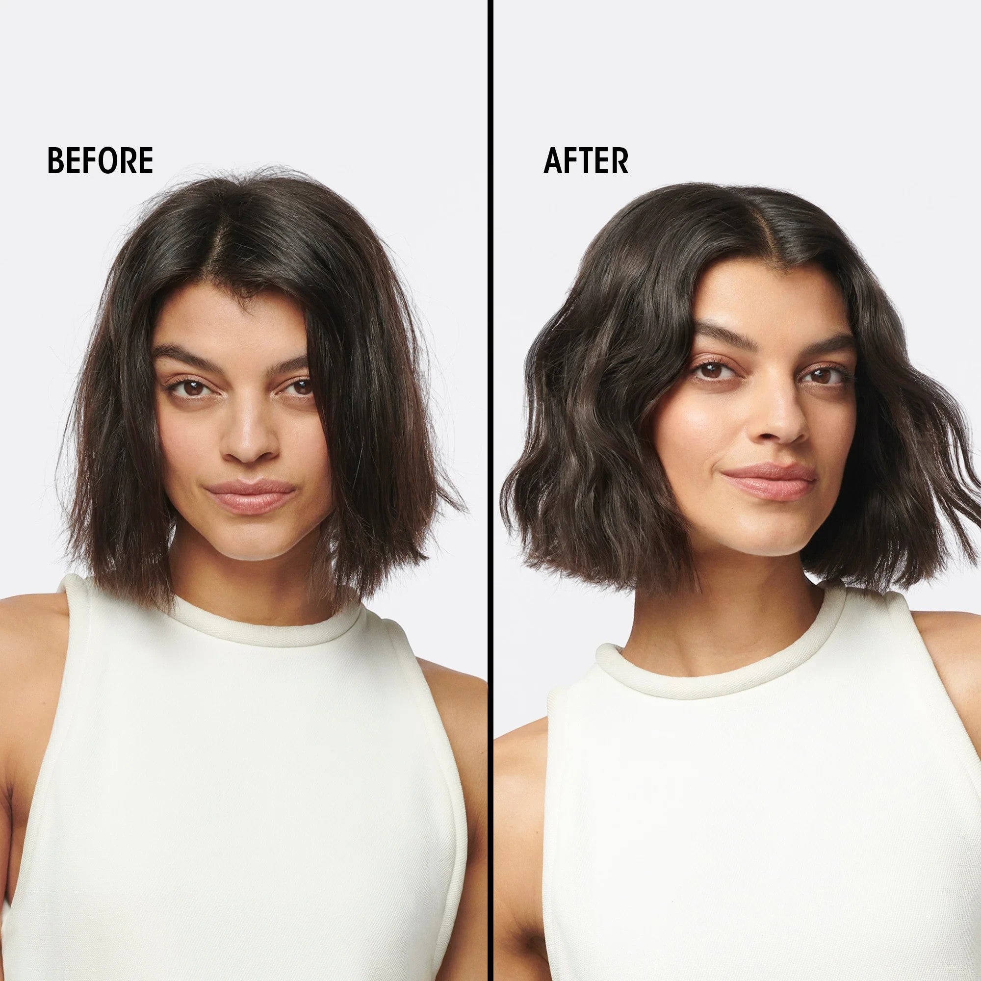 Shop Rescue Spa Hair Alchemy Heatless Styling Balm before and after results on a woman with wavy hair