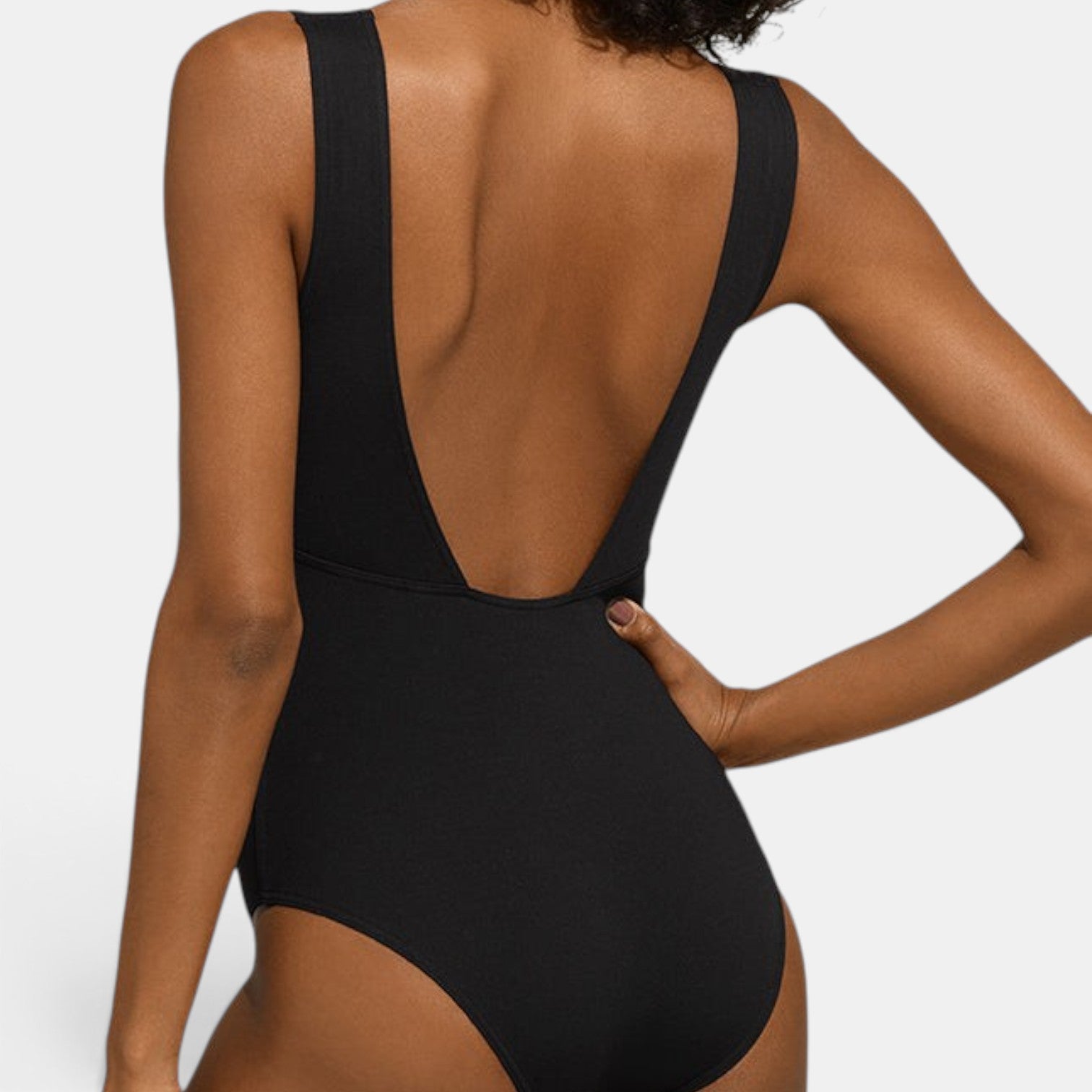 Shop Rescue Spa HOLD UP black one-piece swimsuit with a low back and broad straps on a model