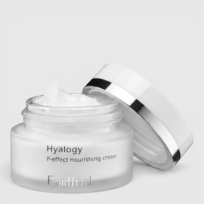 Shop Rescue Spa Hyalogy P-effect Nourishing Cream in a frosted glass jar with a white lid and rich white texture