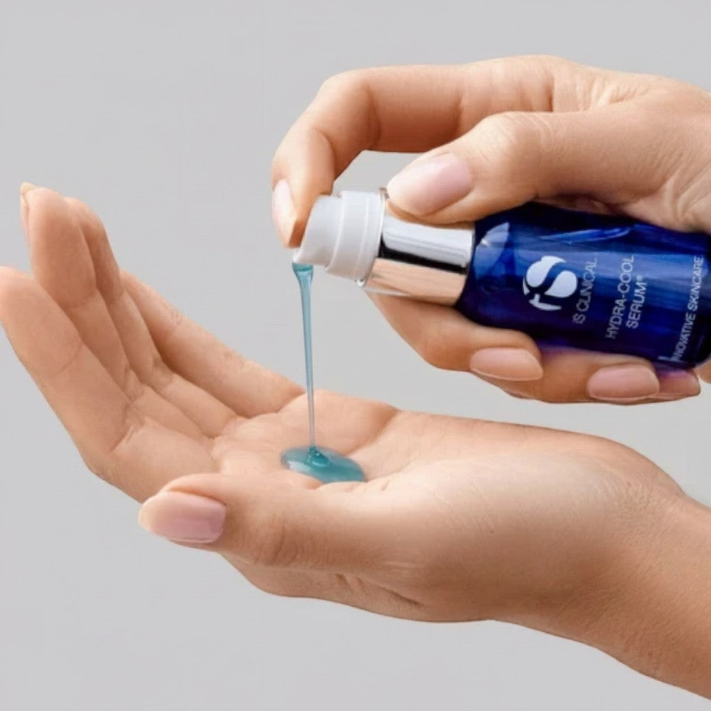 Shop Rescue Spa iS Clinical Hydra-Cool Serum being dispensed as a clear blue gel into a hand for skin hydration
