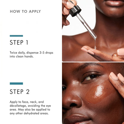 Shop Rescue Spa Hydrating B5 Gel application steps showing a model applying the clear serum to her face and neck.