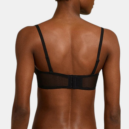 Back view of Shop Rescue Spa INDISCRETE black underwire bandeau bra with adjustable straps and hook-and-eye closure